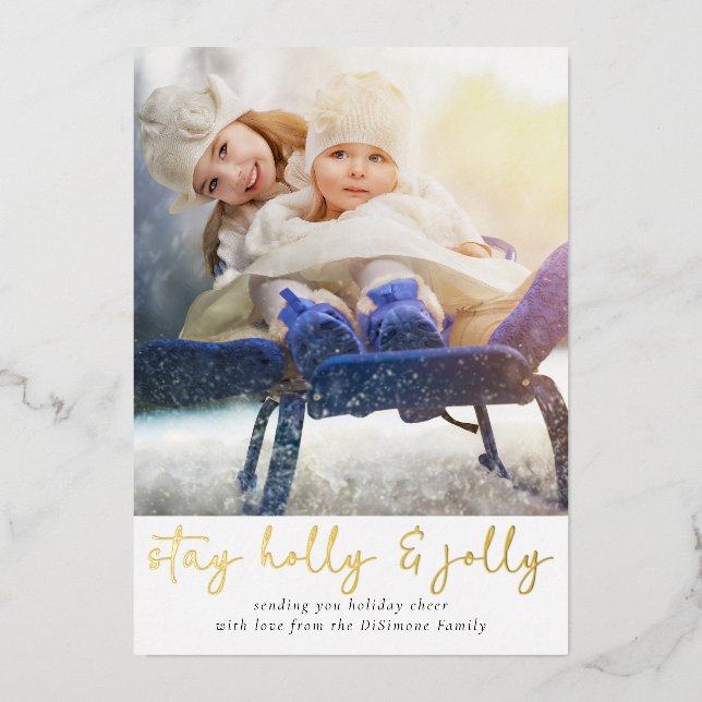 Holly Jolly Family Photo Gold Foil Holiday Card (Front)