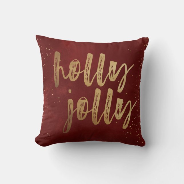 Holly Jolly faux foil brush script holiday Throw Pillow (Front)