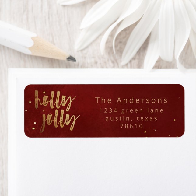 holly jolly faux foil brush script return address label (Insitu)
