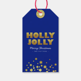 Holly Jolly Fun Christmas Blue & Gold Gift Tags