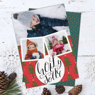 Holly Jolly Fun Script Christmas Pine Tree Photo Holiday Card