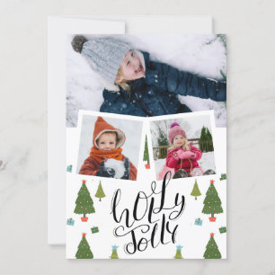 Holly Jolly Fun Script Christmas Pine Tree Photo Holiday Card
