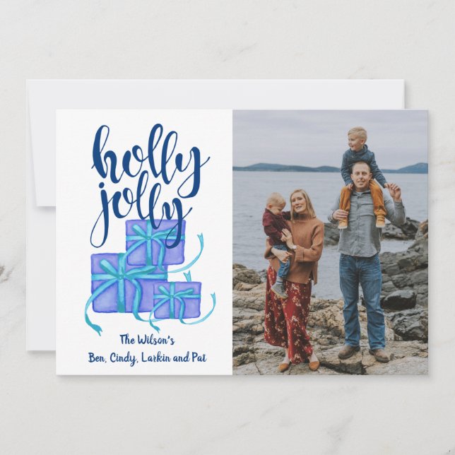 Holly Jolly Gifts Blue Custom Photo Holiday Card (Front)