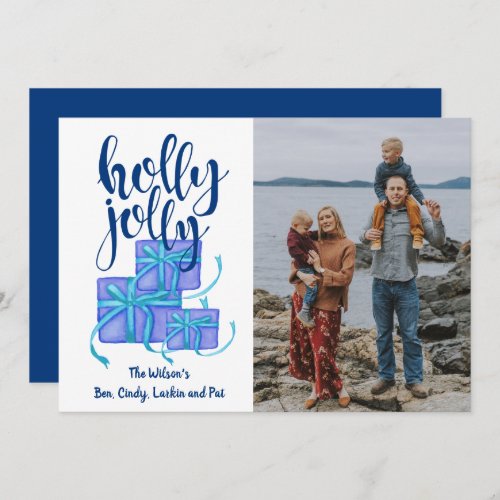 Holly Jolly Gifts Blue Custom Photo Holiday Card