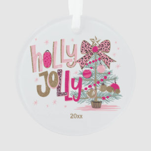 Holly Jolly Glam Pink Gold Leopard Print Christmas Ornament