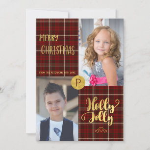 Holly Jolly Gold Script Tartan 2 Photos Christmas Holiday Card