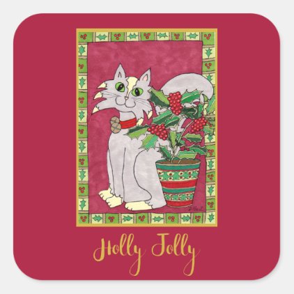 Holly Jolly Gray &amp; White Cat Holiday Square Sticker