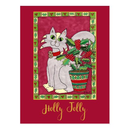 Holly Jolly Gray &amp; White Cat Personalized Holiday Postcard