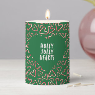 Holly Jolly Hearts Candy Cane Christmas Green Home Pillar Candle