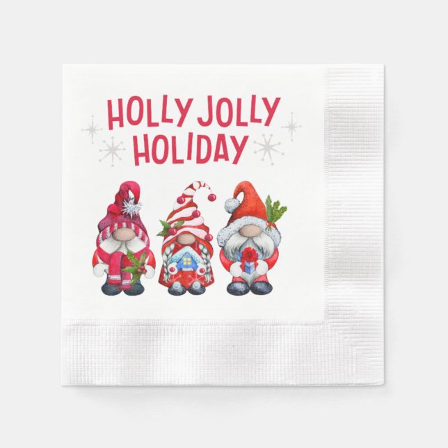Holly Jolly Holiday Gnomes Whimsical Christmas Napkins (Front)