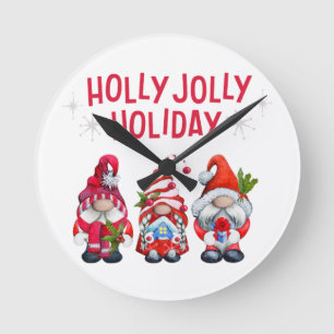 Holly Jolly Holiday Gnomes Whimsical Christmas Round Clock