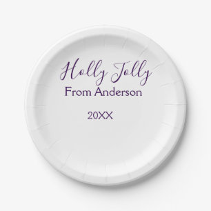 Holly Jolly holidays add name family year purple s Paper Plates