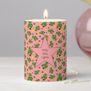 Holly Jolly Lights Christmas Tree and Stars Text Pillar Candle