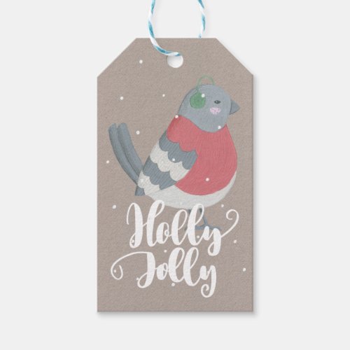 Holly Jolly Little Cute Bird Taupe Grey Blue Gift Tags
