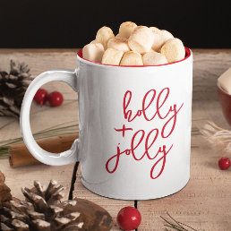 Holly Jolly Modern Cute Script Minimalist Holiday Two-Tone Coffee Mug