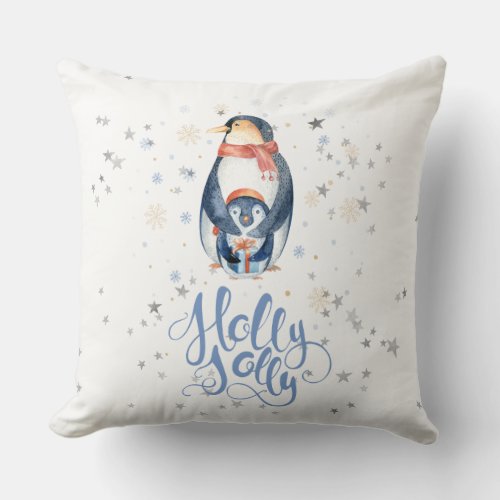 Holly Jolly Modern Typography  Christmas Penguins Throw Pillow