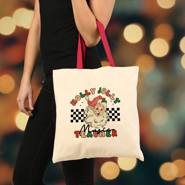 Holly Jolly Music Teacher Christmas Retro Santa Tote Bag (Creator Uploaded)