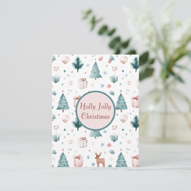Holly Jolly Pastel Xmas Card Watercolor Design (Standing Front)