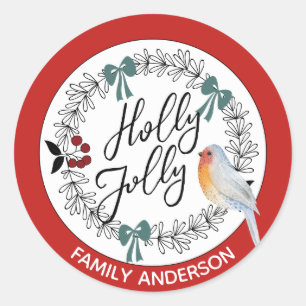 HOLLY JOLLY Personalized Christmas Robin Classic Round Sticker