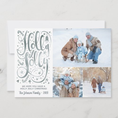 Holly Jolly Photo Christmas Card Faux Silver Foil Holiday Card