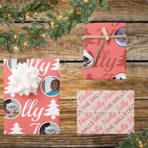 Holly Jolly Photo Collage Coral Pink Christmas Wrapping Paper Sheets