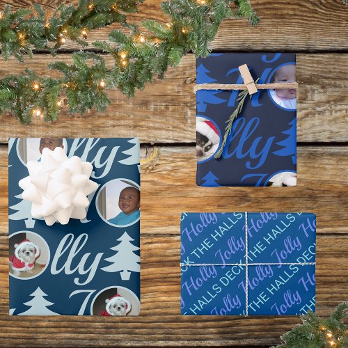 Holly Jolly Photo Collage Dark Blue Christmas Wrapping Paper Sheets