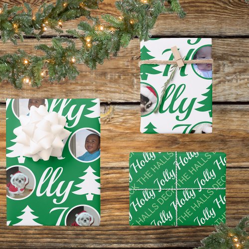 Holly Jolly Photo Collage Green White Christmas Wrapping Paper Sheets