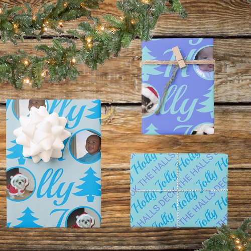 Holly Jolly Photo Collage Light Blue Christmas Wrapping Paper Sheets