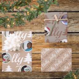 Holly Jolly Photo Collage Neutrals Christmas Wrapping Paper Sheets