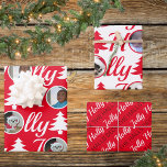Holly Jolly Photo Collage Red White Christmas Wrapping Paper Sheets<br><div class="desc">Create your own personalized Christmas wrapping paper with this photo collage template design in Holly Jolly red and white. Upload your photos into the round templates where they become the O in the HOLLY and JOLLY typography pattern, one in white on Christmas red and one in bright red on a...</div>