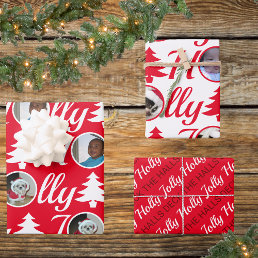 Holly Jolly Photo Collage Red White Christmas Wrapping Paper Sheets
