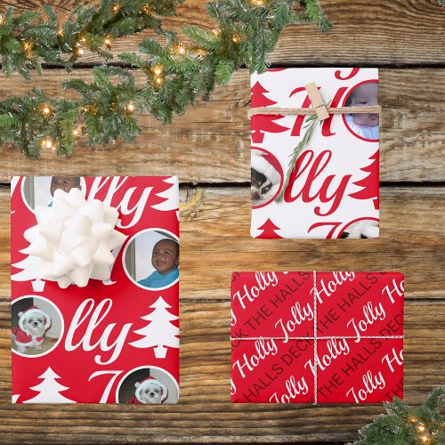 Holly Jolly Photo Collage Red White Christmas Wrapping Paper Sheets