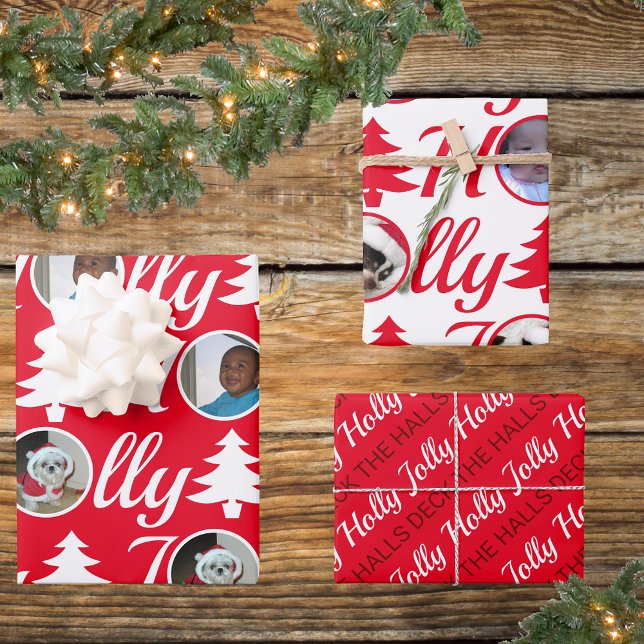 Holly Jolly Photo Collage Red White Christmas Wrapping Paper Sheets (Creator Uploaded)