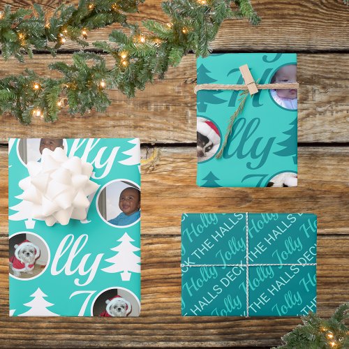 Holly Jolly Photo Collage Turquoise Christmas Wrapping Paper Sheets