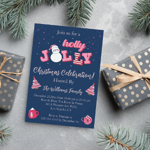 holly jolly pink blue christmas party invitation