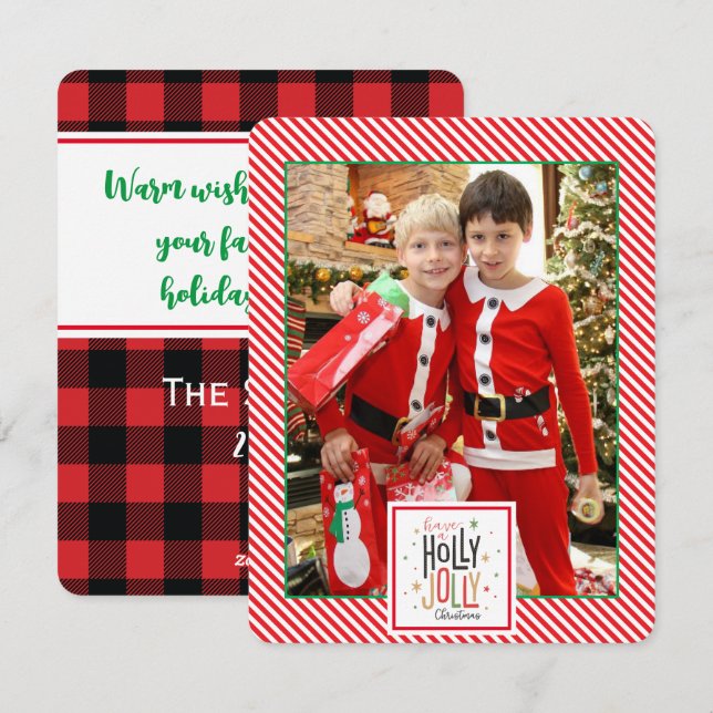 Holly Jolly plaid (add your photo) Holiday Card (Front/Back)