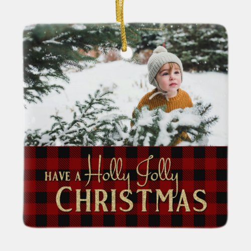 Holly Jolly Plaid Christmas with Photo Ceramic Orn Ceramic Ornament