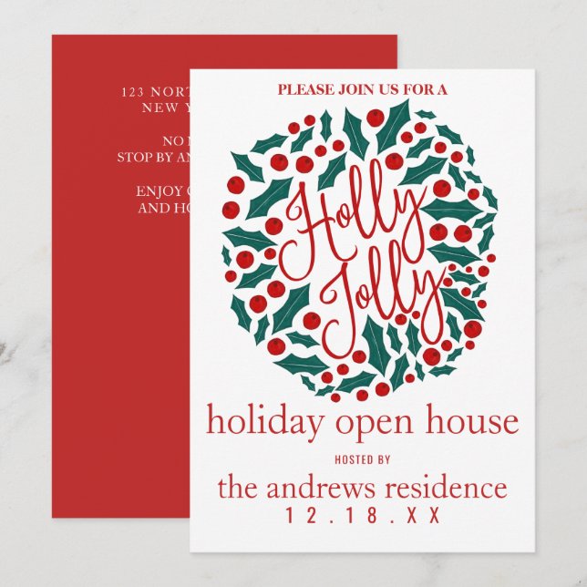 Holly Jolly Quote Leaf Berries Holiday Open House Invitation (Front/Back)