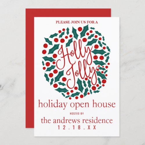 Holly Jolly Quote Leaf Berries Holiday Open House Invitation