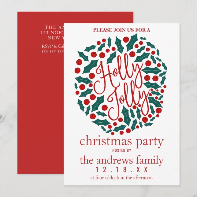 Holly Jolly Quote Leaves Berries Christmas Party Invitation (Front/Back)