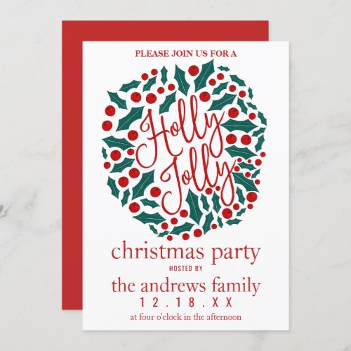 Holly Jolly Quote Leaves Berries Christmas Party Invitation