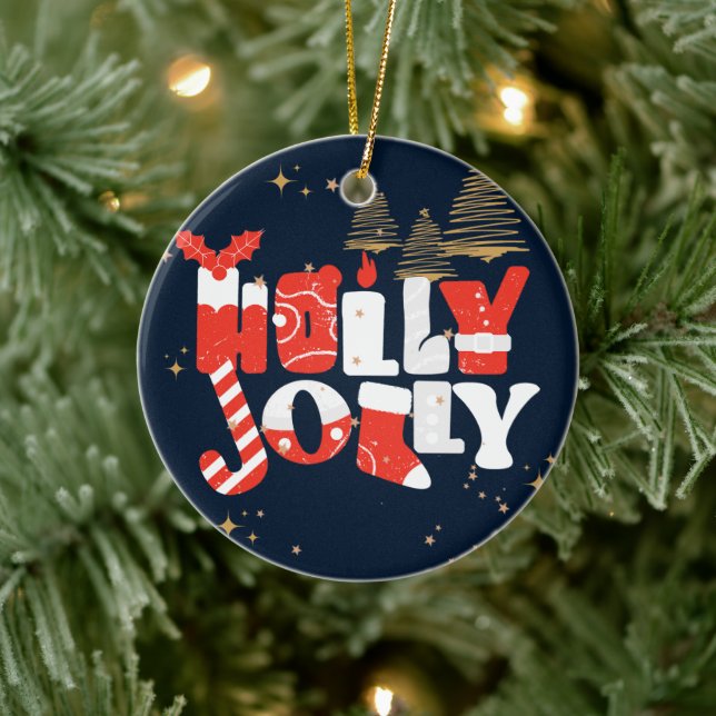 Holly Jolly Red White Gold Christmas Winter Ceramic Ornament (Tree)