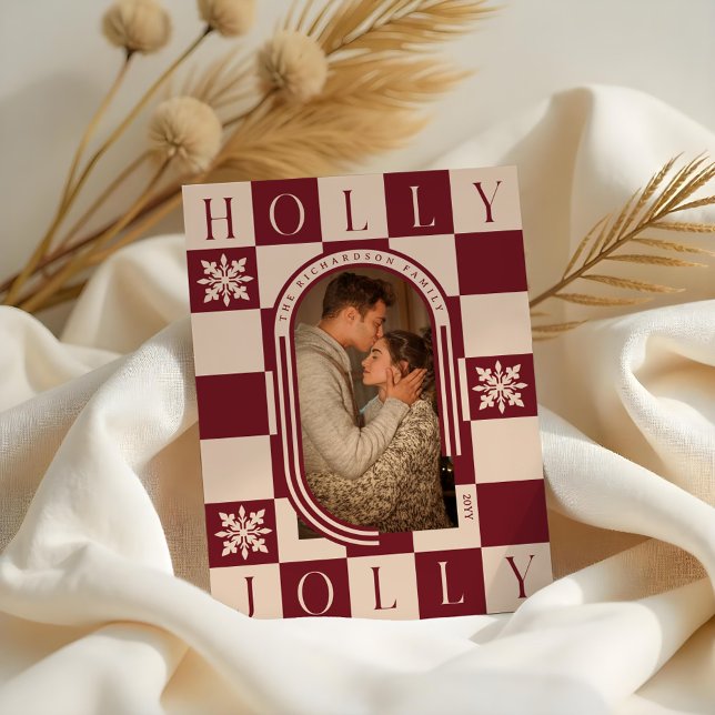 Holly Jolly Retro Checker Christmas Arch Photo Holiday Card (Holly Jolly Retro Checker Christmas Arch Photo Holiday Card)
