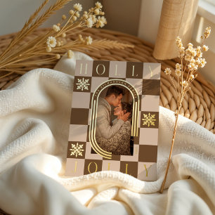Holly Jolly Retro Checkered Christmas Arch Photo Foil Holiday Card