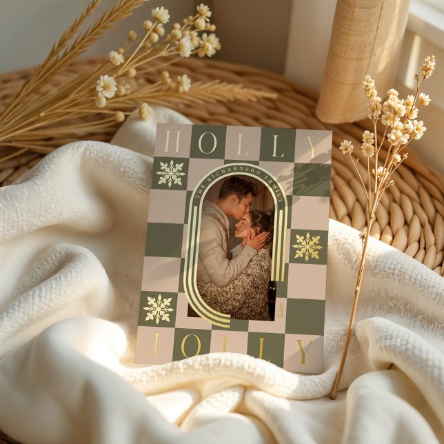 Holly Jolly Retro Checkered Christmas Arch Photo Foil Holiday Card (Holly Jolly Retro Checkered Christmas Arch Photo Foil Holiday Card)
