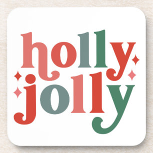 Holly Jolly - Retro Holiday Typography Beverage Coaster