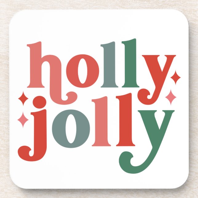 Holly Jolly - Retro Holiday Typography Beverage Coaster (Front)