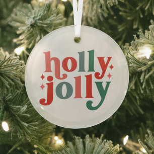 Holly Jolly - Retro Holiday Typography Glass Ornament