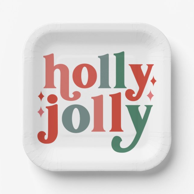 Holly Jolly - Retro Holiday Typography Paper Plates (Front)