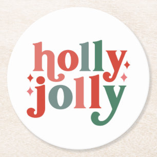 Holly Jolly - Retro Holiday Typography Round Paper Coaster